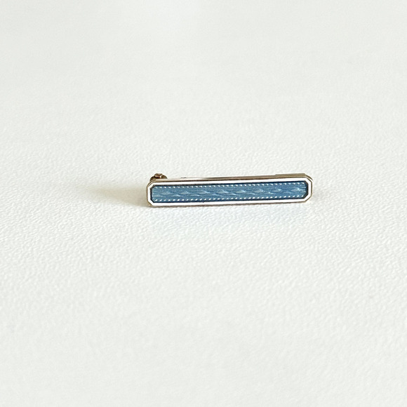 Antique 14K Yellow Gold Blue Guilloche Enamel Detail Small Petite Bar Brooch Pin - Picture 2 of 13